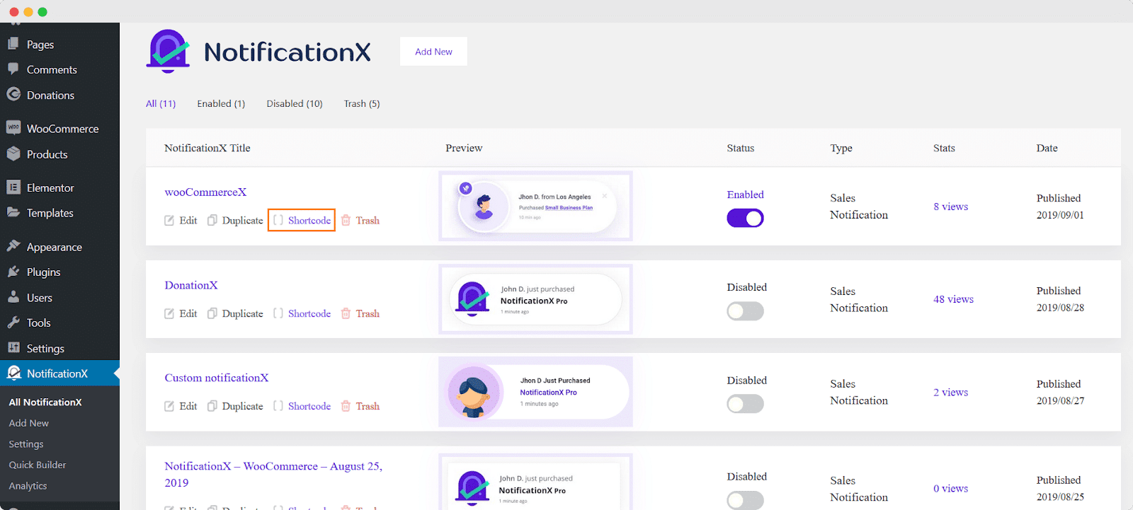 NotificationX في العنصر