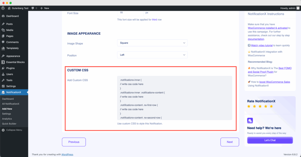 custom CSS in notificationx