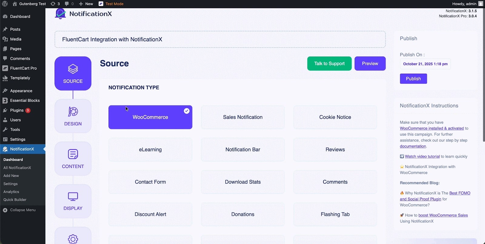 How to Display FluentCart Growth Alerts With NotificationX? 2 choose notification type and source