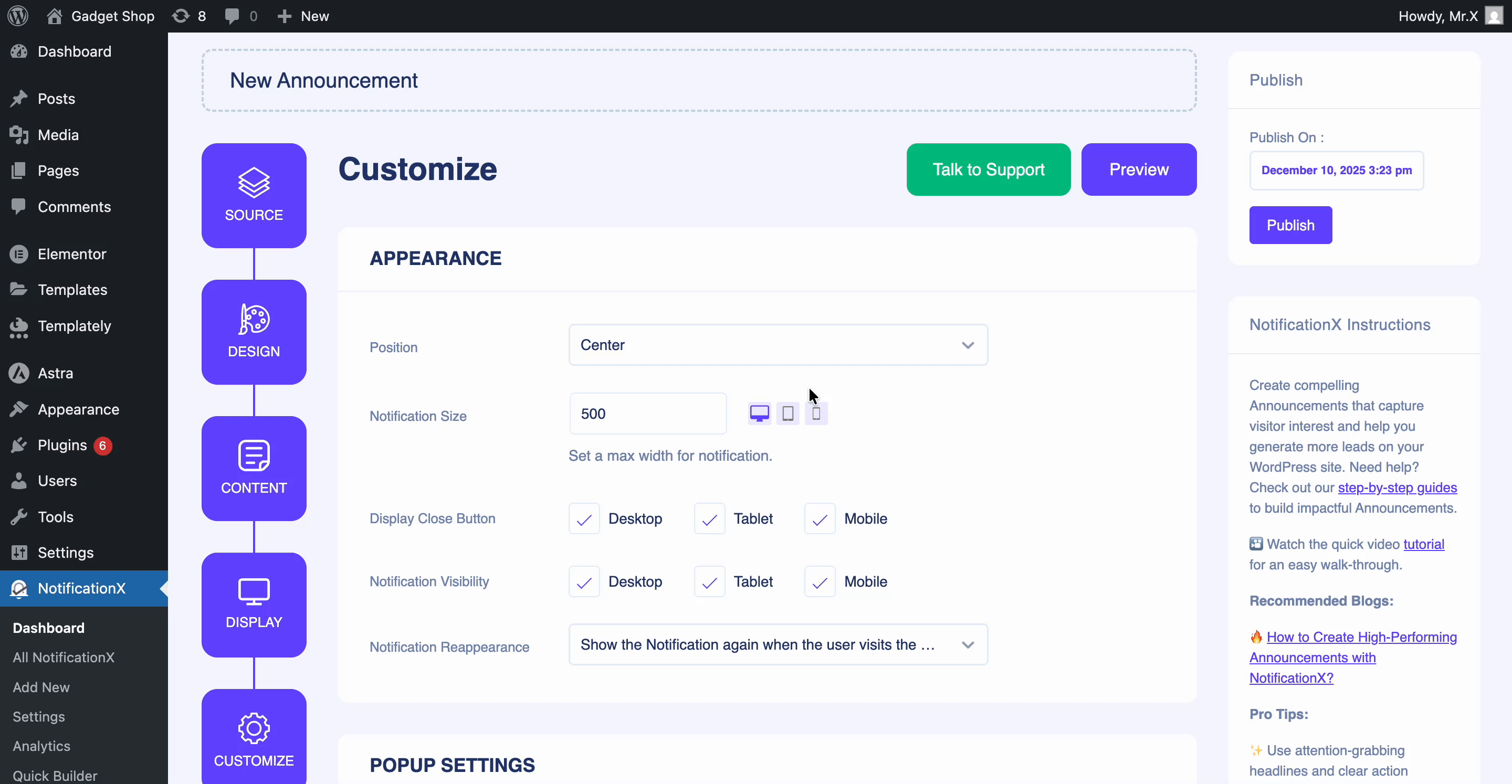 How to Show Announcement on WordPress Website with NotificationX 7 Customization in announcement