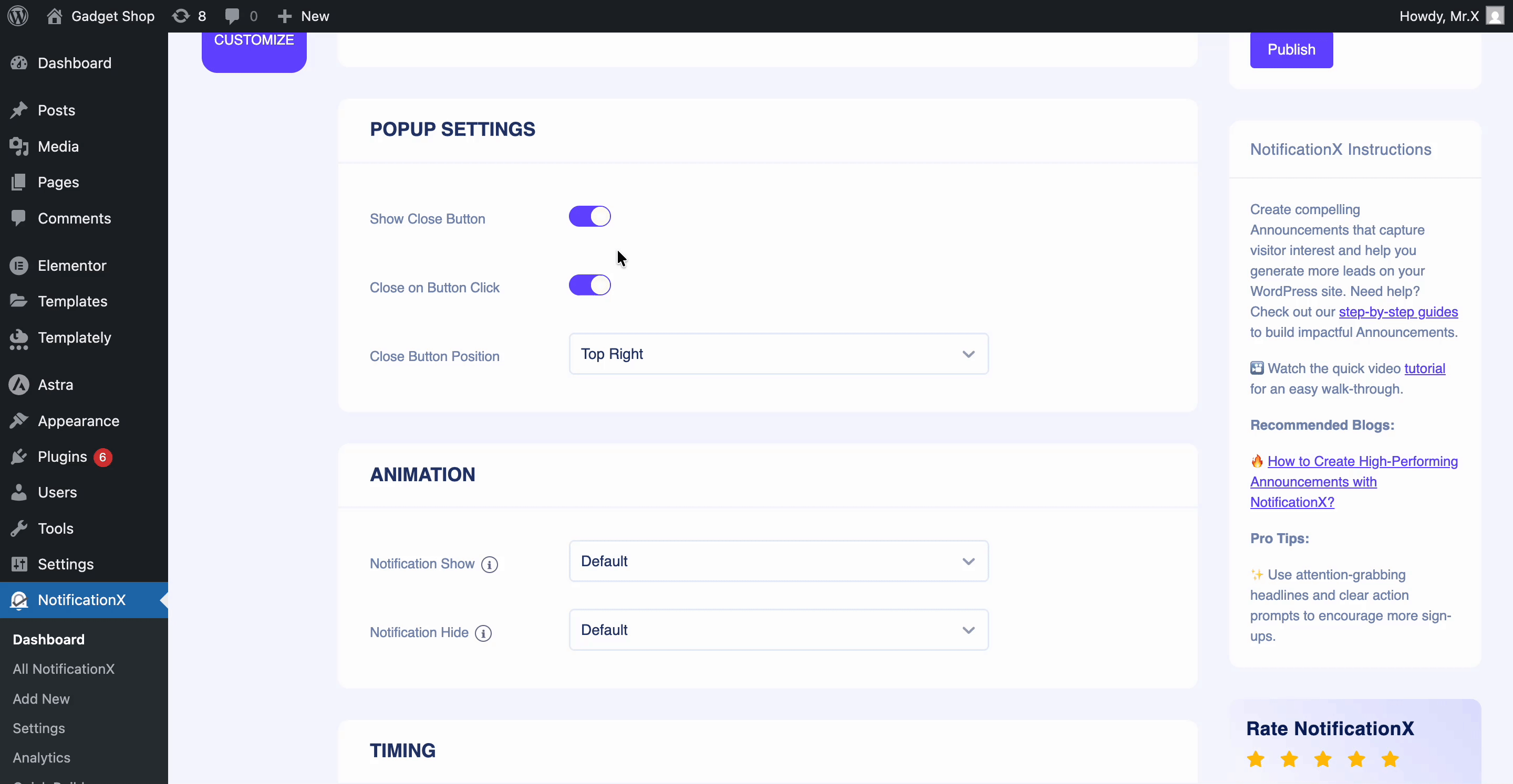 How to Show Announcement on WordPress Website with NotificationX 8 Set animation and timing for announcement