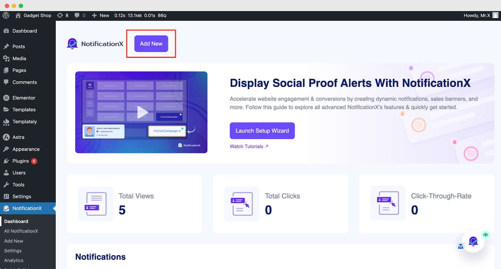 How to Show Announcement on WordPress Website with NotificationX 1 Add new button for NotificationX announcement feature