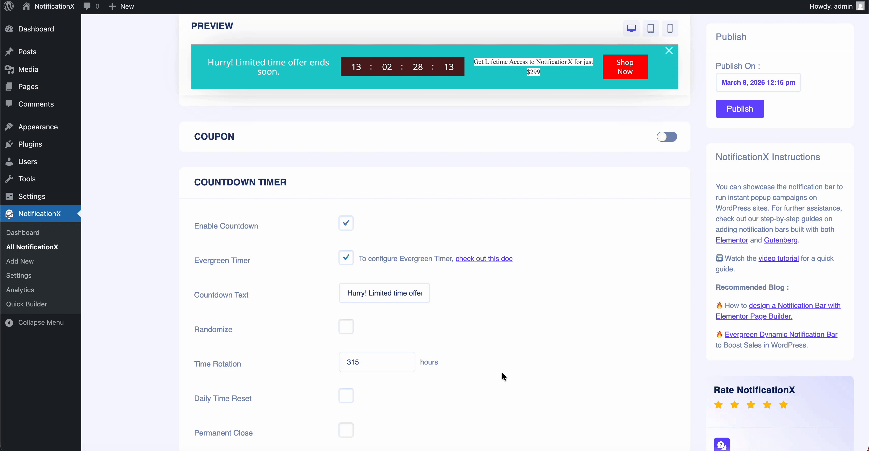 add coupon code into your notification bar
