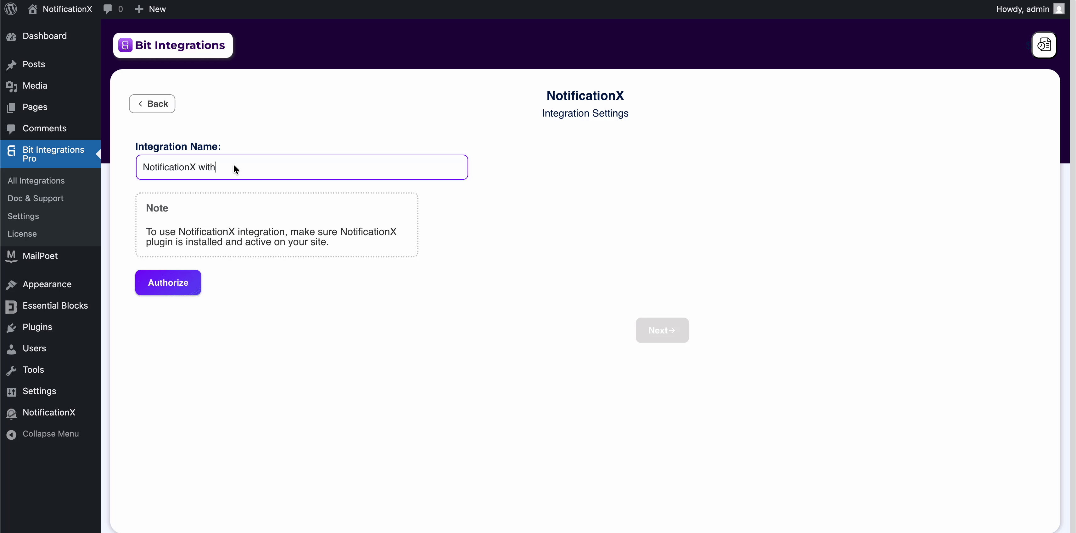 authorize integration name
