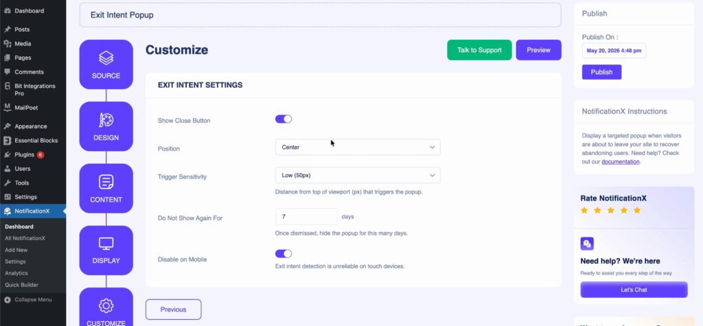 exit intent popup customization