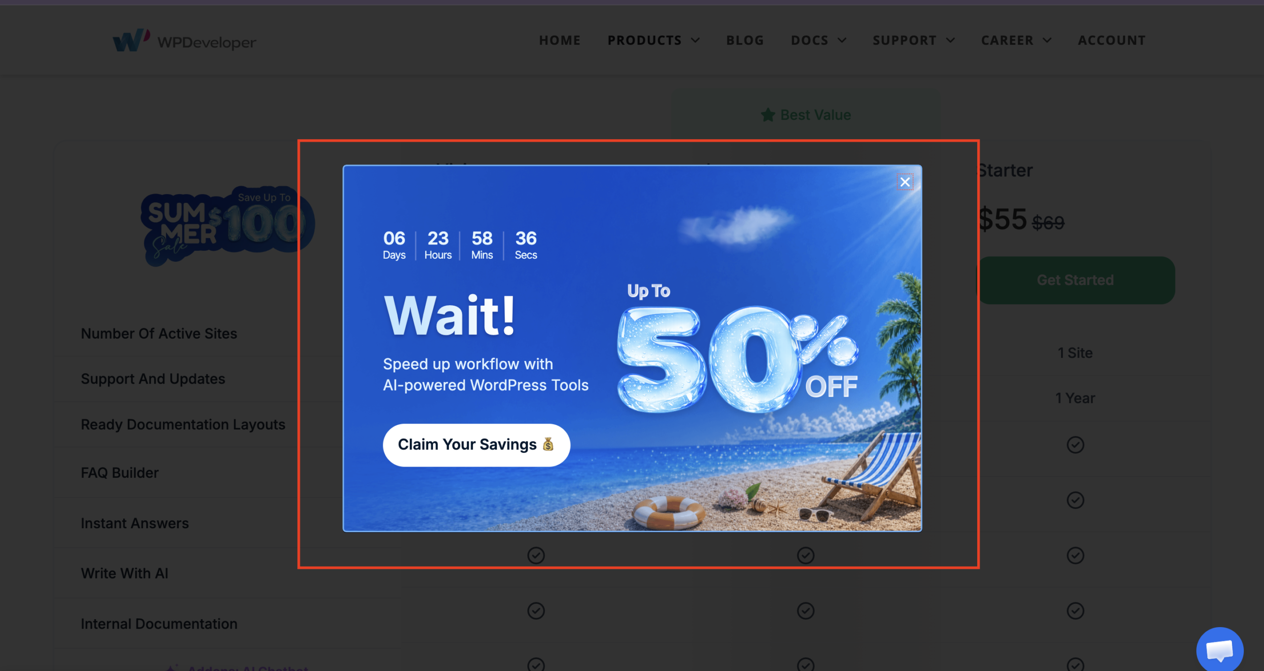Pricing page popup